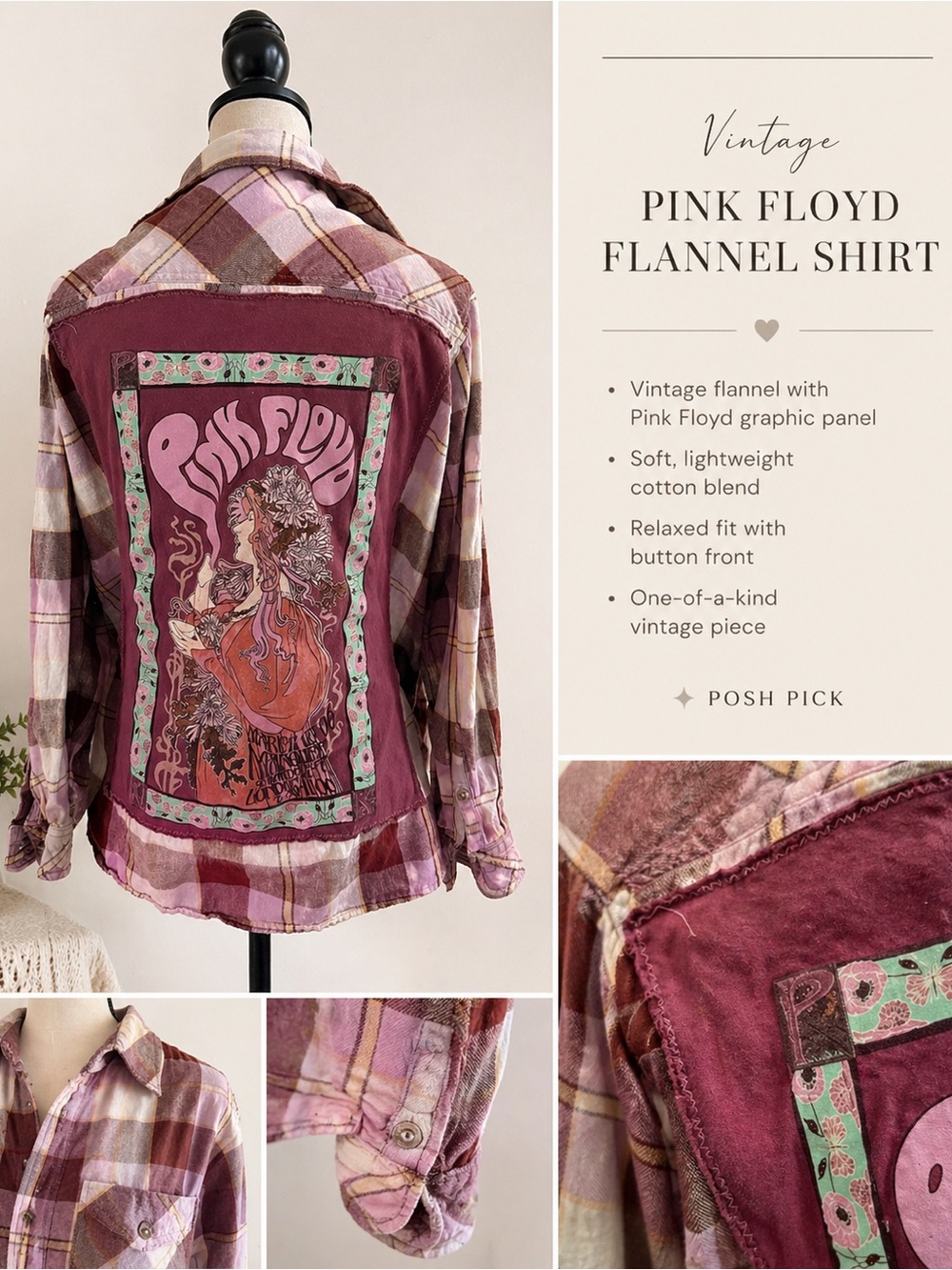 Pink Floyd Graphic Pink Plaid Flannel Shirt distressed
